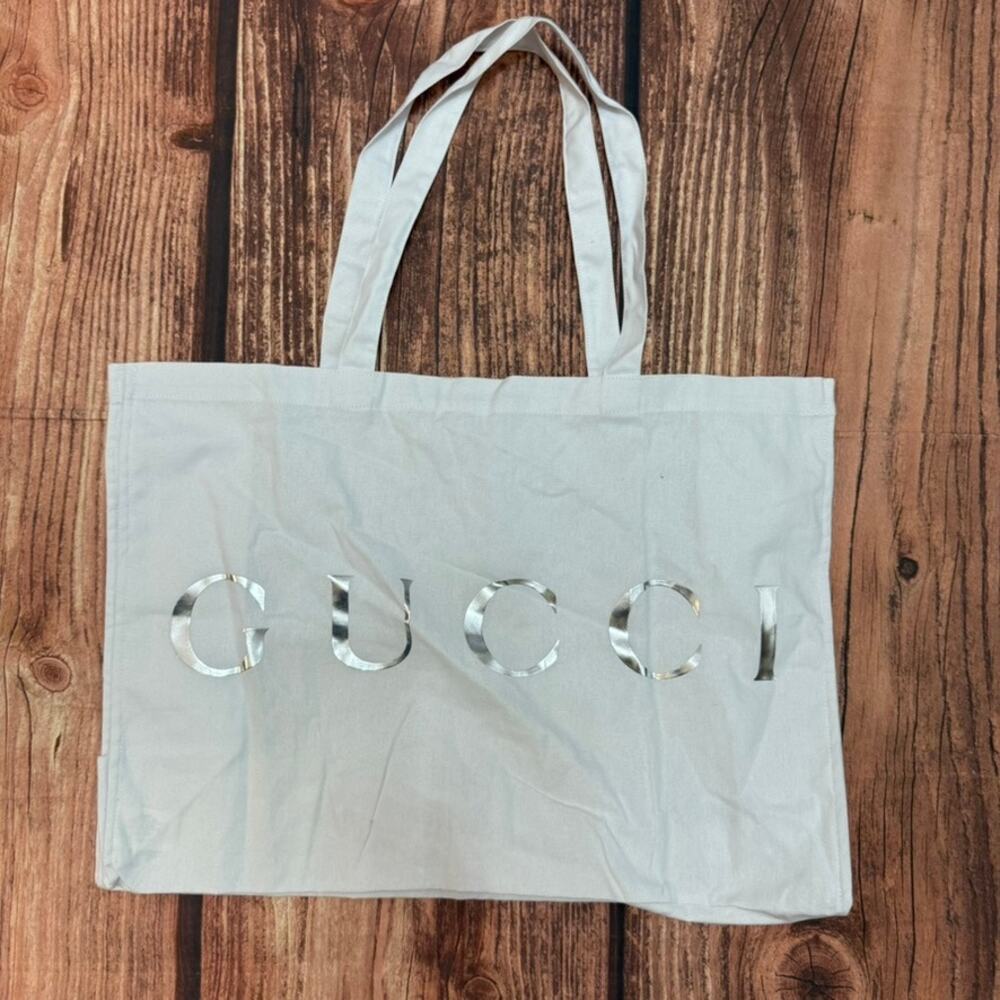 Gucci Tote Bag Womens Extra Large White Silver Logo Print Reusable